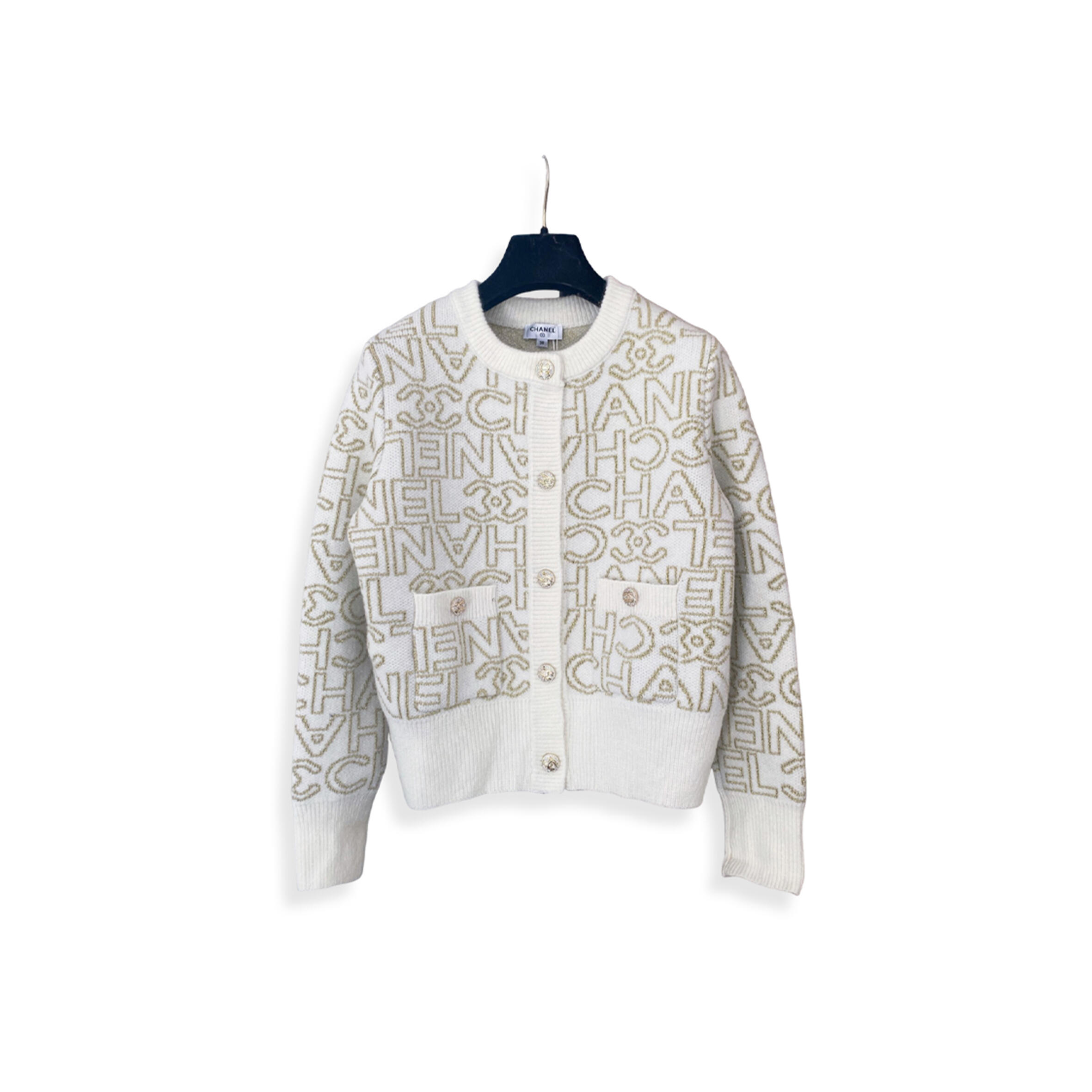 Ch**el letter jacquard crew neck knit cardigan